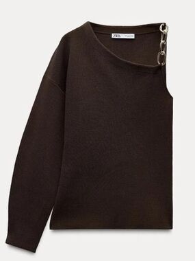 ZARA Dark Brown Asymmetric One-Shoulder Knit Sweater Size S